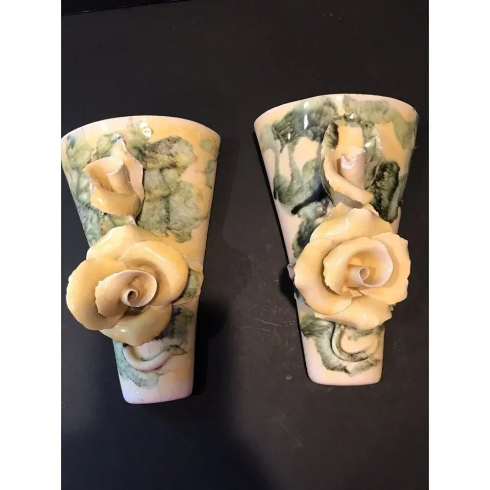 Vtg Lora Aileen Cali Green & Yellow Floral Capodimonte Wall Pocket Vase Set